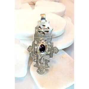 Sterling Silver 925 Garnet Ethiopian Orthodox Coptic Christian Cross Pendant 15g